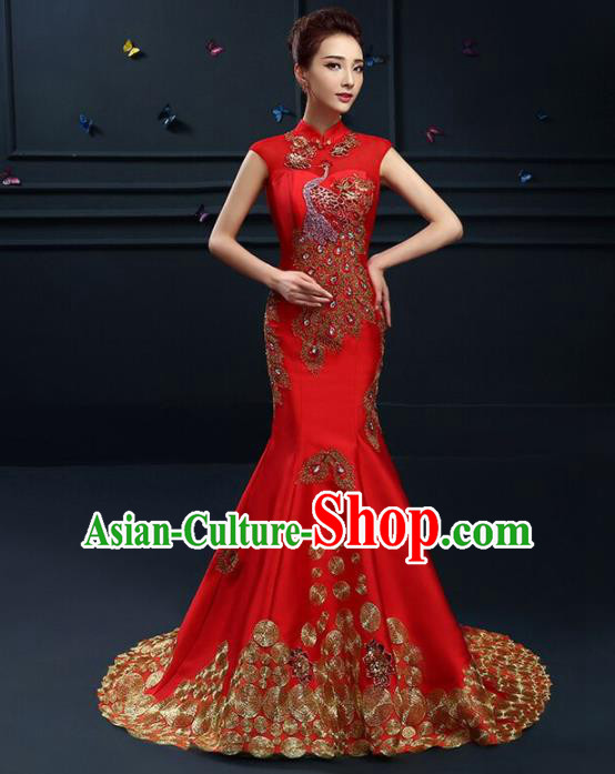 Chinese Traditional Elegant Wedding Qipao Dress Classical Costume Red Mermaid Cheongsam for Women