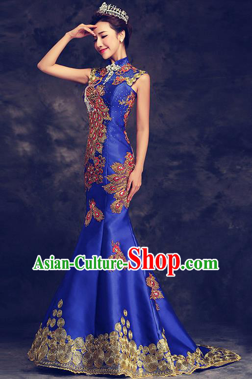 Chinese Traditional Elegant Wedding Qipao Dress Classical Costume Royalblue Mermaid Cheongsam for Women