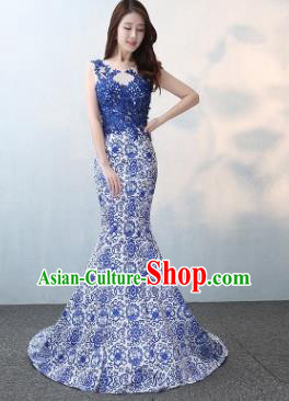 Chinese Traditional Elegant Blue Lace Qipao Dress Classical Costume Mermaid Cheongsam for Women