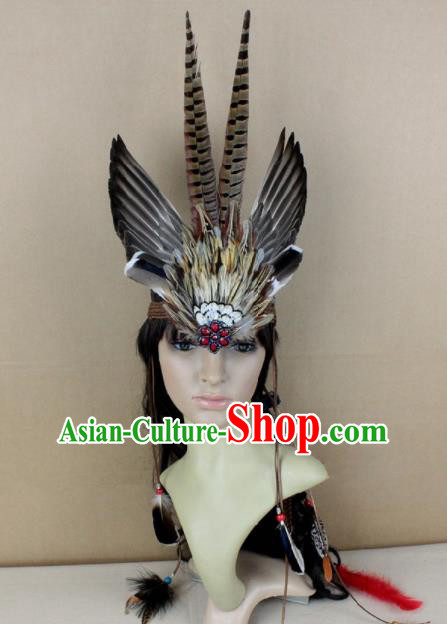 Top Halloween Apache Knight Black Feather Headpiece Carnival Catwalks Primitive Tribe Headwear