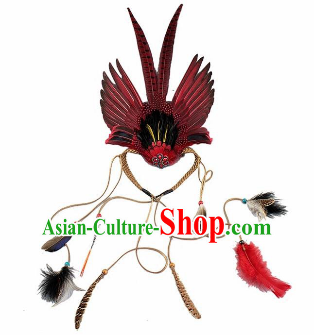 Top Halloween Apache Knight Red Feather Headpiece Carnival Catwalks Primitive Tribe Headwear