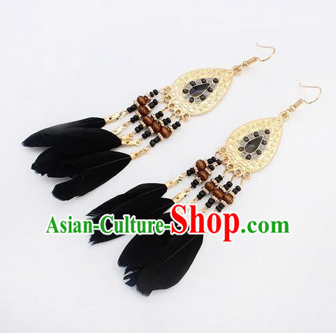 Handmade Bohemian Black Feather Earrings Stage Show Dance Ear Accessories for Women