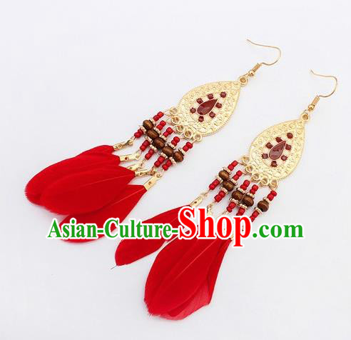 Handmade Bohemian Red Feather Earrings Stage Show Dance Ear Accessories for Women