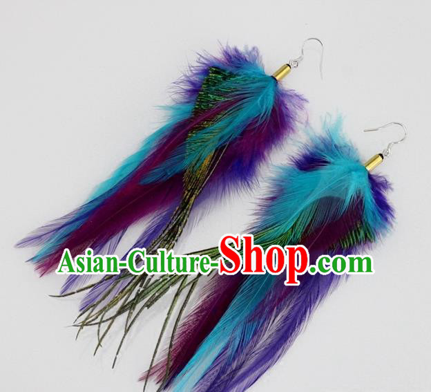 Top Halloween Ear Accessories Carnival Catwalks Purple and Blue Feather Earrings for Women