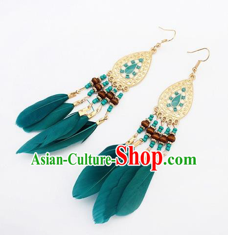 Handmade Bohemian Green Feather Earrings Stage Show Dance Ear Accessories for Women