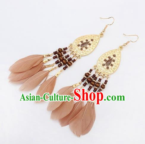 Handmade Bohemian Champagne Feather Earrings Stage Show Dance Ear Accessories for Women