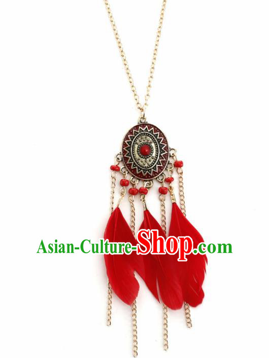 Handmade Bohemian Red Feather Necklace Stage Show Dance Necklet Accessories for Women