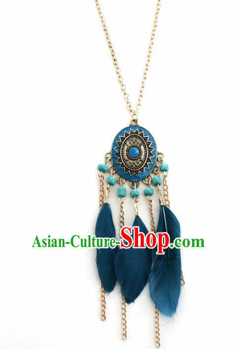 Handmade Bohemian Blue Feather Necklace Stage Show Dance Necklet Accessories for Women