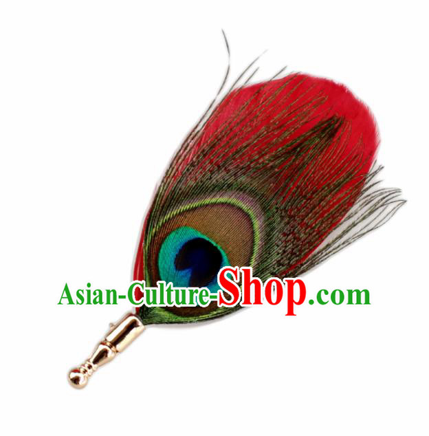 Handmade Red Feather Breastpin Accessories Stage Show Peacock Feather Brooch for Women