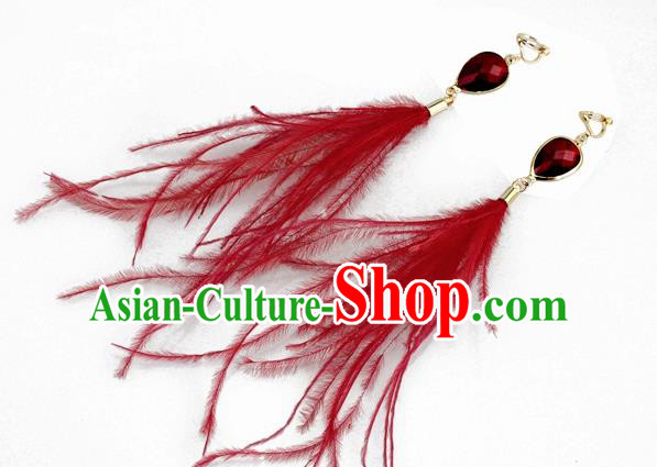 Top Halloween Red Feather Ear Accessories Carnival Catwalks Crystal Earrings for Women
