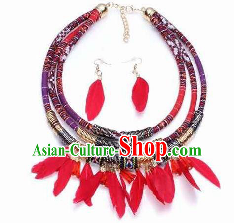 Handmade Red Feather Necklace Stage Show Necklet and Earrings Accessories for Women