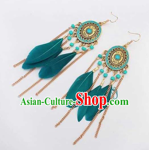 Handmade Stage Show Green Feather Earrings Halloween Dance Ear Accessories for Women