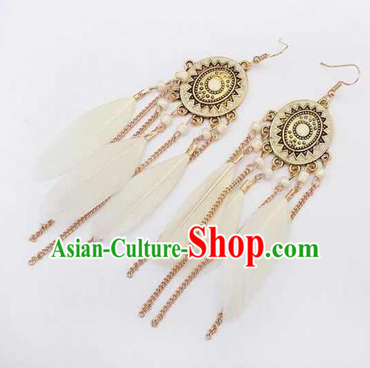 Handmade Stage Show White Feather Earrings Halloween Dance Ear Accessories for Women