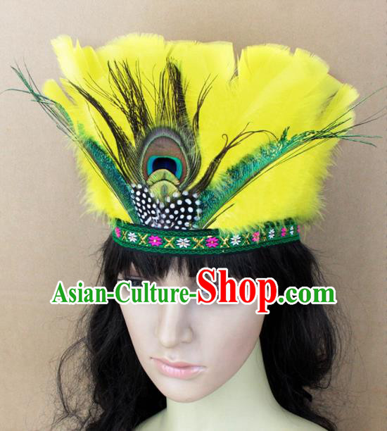 Top Rio Carnival Dance Hair Accessories Primitive Tribe Apache Knight Yellow Feather Headwear for Adults