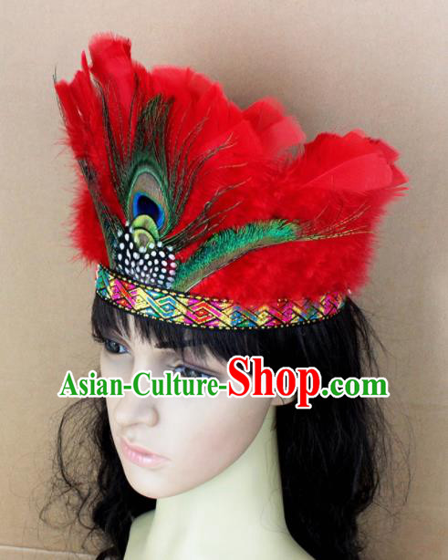 Top Rio Carnival Dance Hair Accessories Primitive Tribe Apache Knight Red Feather Headwear for Adults