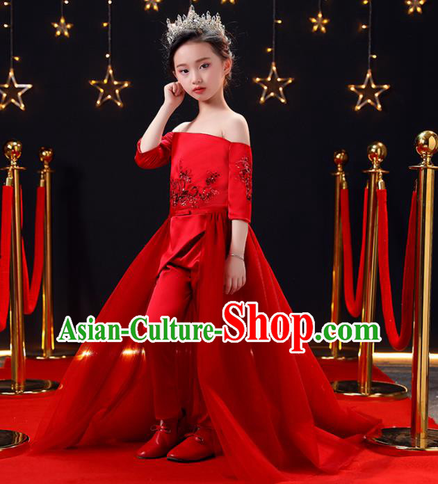 Top Modern Dance Costume Children Opening Dance Compere Performance Red Full Dress for Girls Kids