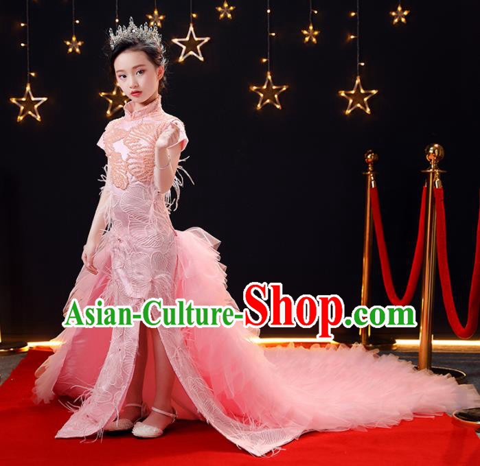 Top Modern Dance Costume Children Opening Dance Compere Performance Pink Feather Trailing Full Dress for Girls Kids