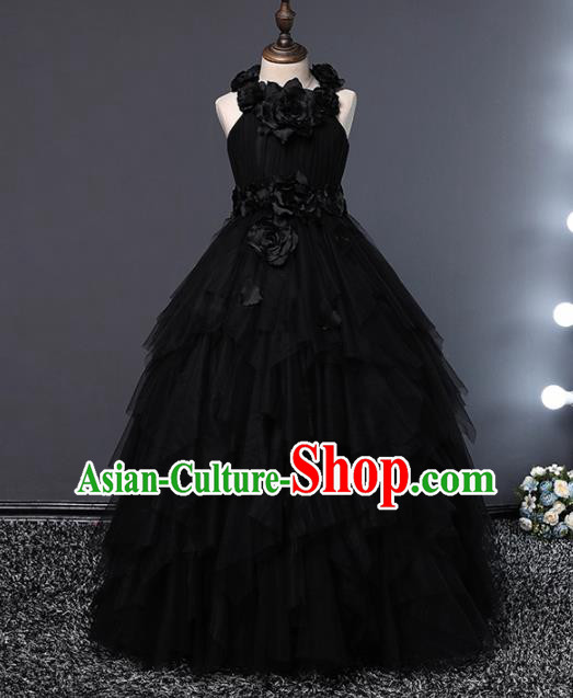 Children Modern Dance Costume Opening Dance Compere Catwalks Performance Black Full Dress for Girls Kids