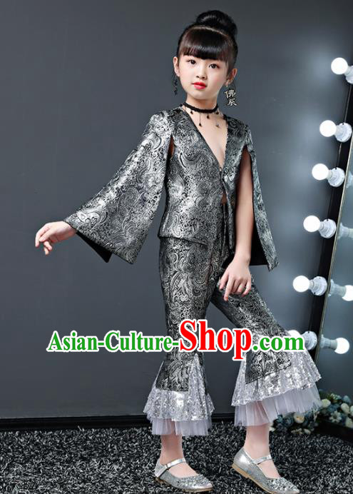 Children Modern Dance Costume Court Dance Compere Halloween Catwalks Grey Suits for Girls Kids