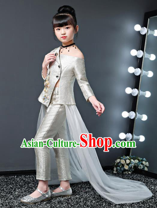 Children Modern Dance Costume Court Dance Compere Halloween Catwalks White Suits for Girls Kids