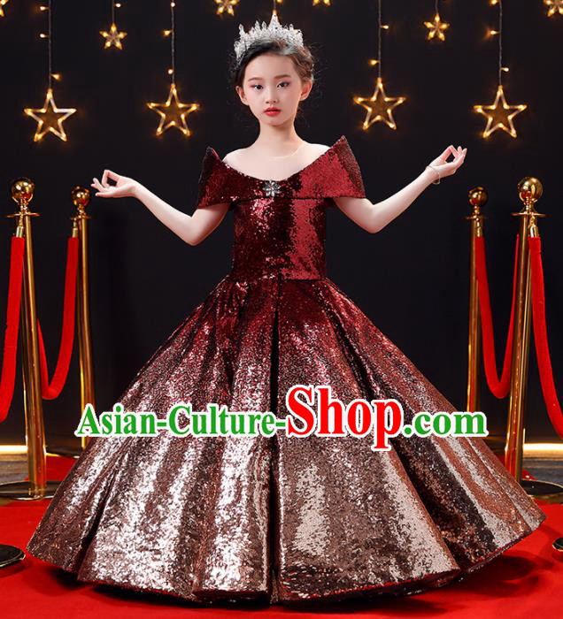 Top Modern Dance Costume Children Opening Dance Compere Performance Wine Red Full Dress for Girls Kids