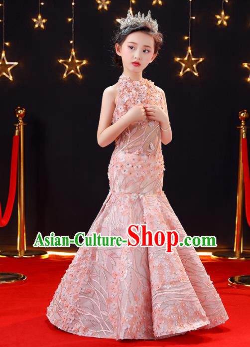Top Modern Dance Costume Children Opening Dance Compere Performance Pink Mermaid Full Dress for Girls Kids