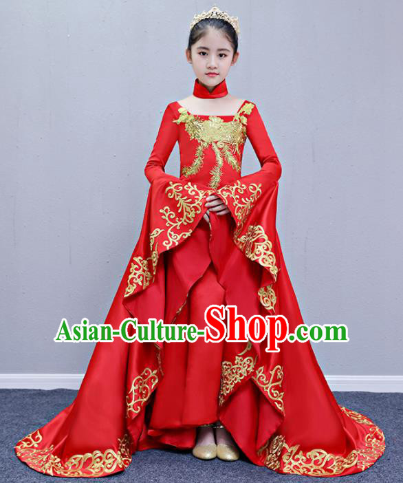 Children Modern Dance Costume Compere Halloween Catwalks Red Trailing Full Dress for Kids