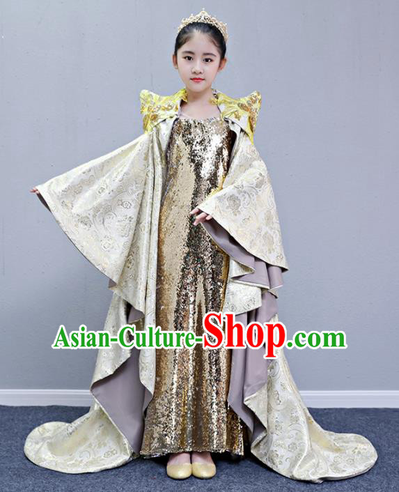 Children Modern Dance Costume Court Dance Compere Golden Trailing Full Dress for Girls Kids