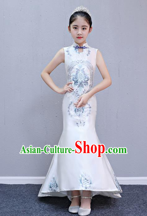 Children Modern Dance Costume Court Dance Compere White Cheongsam Dress for Girls Kids