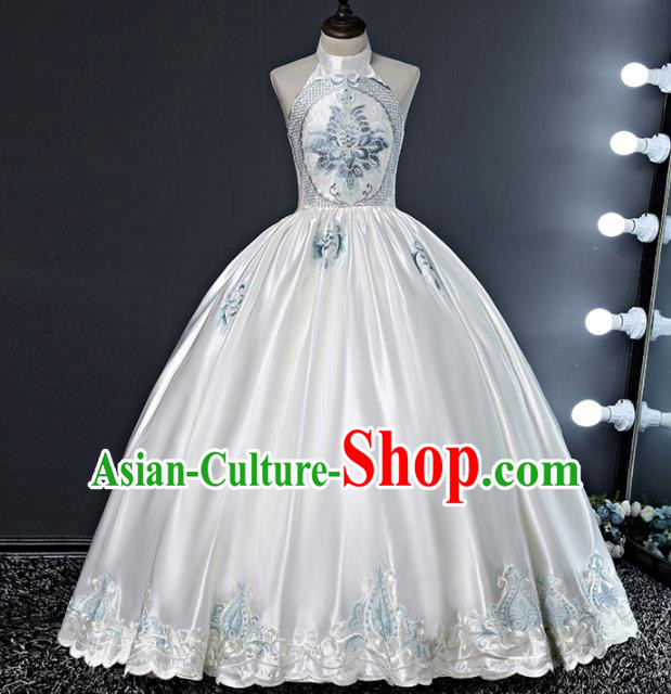 Children Modern Dance Costume Court Dance Compere White Silk Full Dress for Girls Kids