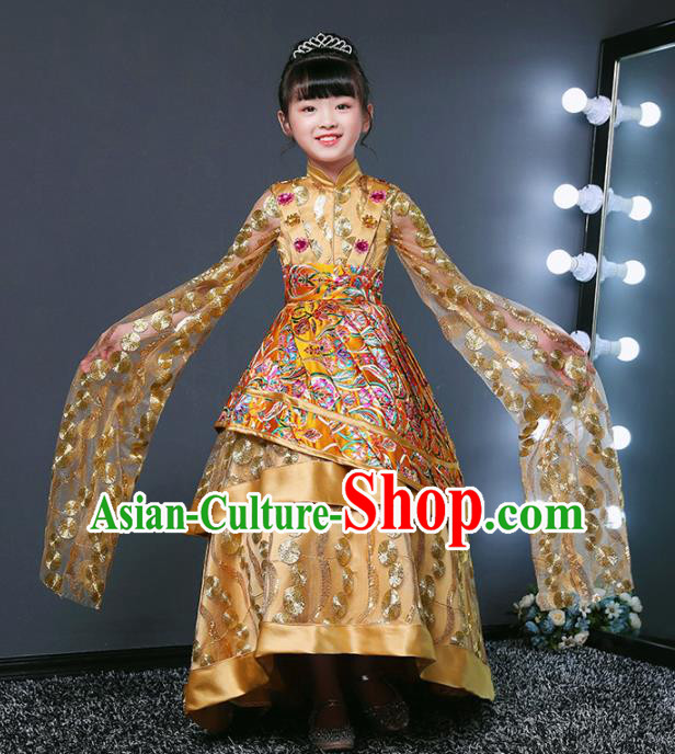 Children Modern Dance Costume Opening Dance Compere Catwalks Performance Golden Full Dress for Girls Kids