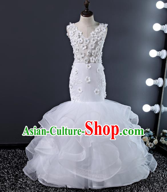 Children Modern Dance Costume Court Dance Compere White Veil Full Dress for Girls Kids