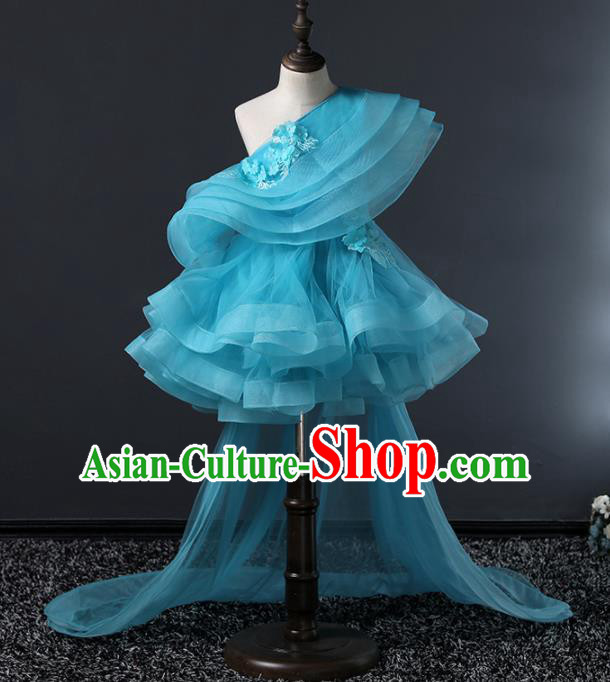 Children Modern Dance Costume Stage Performance Compere Blue Veil Trailing Full Dress for Girls Kids