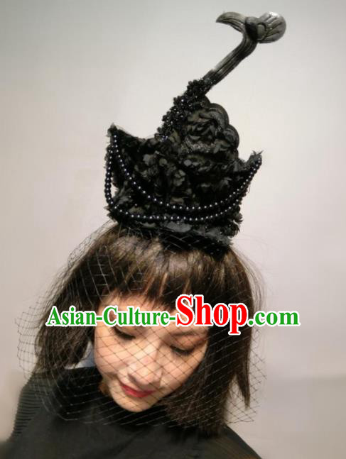 Top Halloween Stage Show Hair Accessories Brazilian Carnival Catwalks Black Flowers Swan Headdress for Women