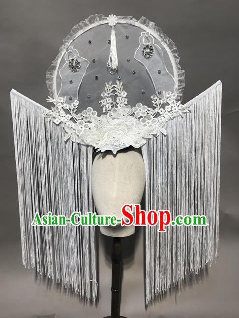 Top Chinese Stage Show White Lace Tassel Hair Accessories Halloween Fancy Dress Ball Headdress for Women