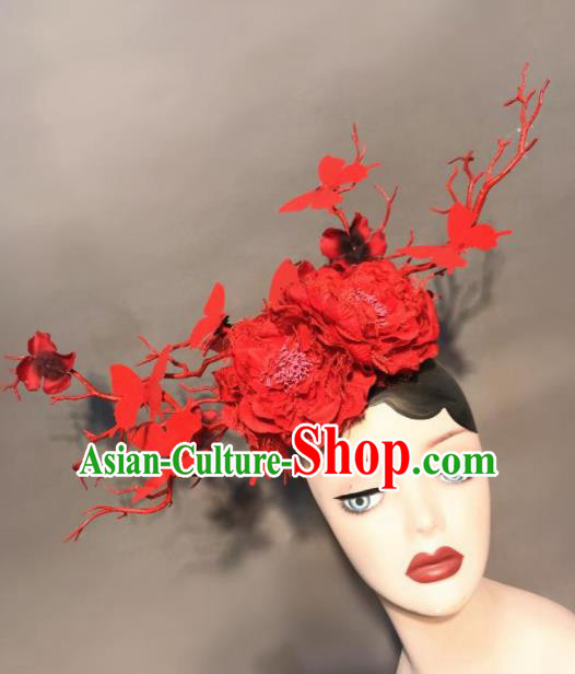 Top Halloween Stage Show Hair Accessories Brazilian Carnival Catwalks Red Peony Butterfly Headdress for Women