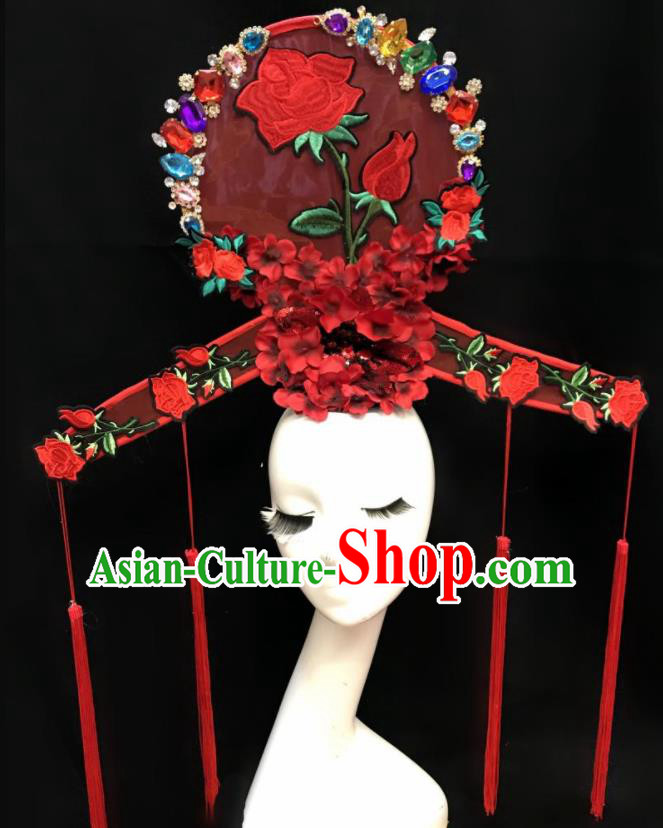Top Chinese Stage Show Red Peony Hair Accessories Halloween Fancy Dress Ball Headdress for Women