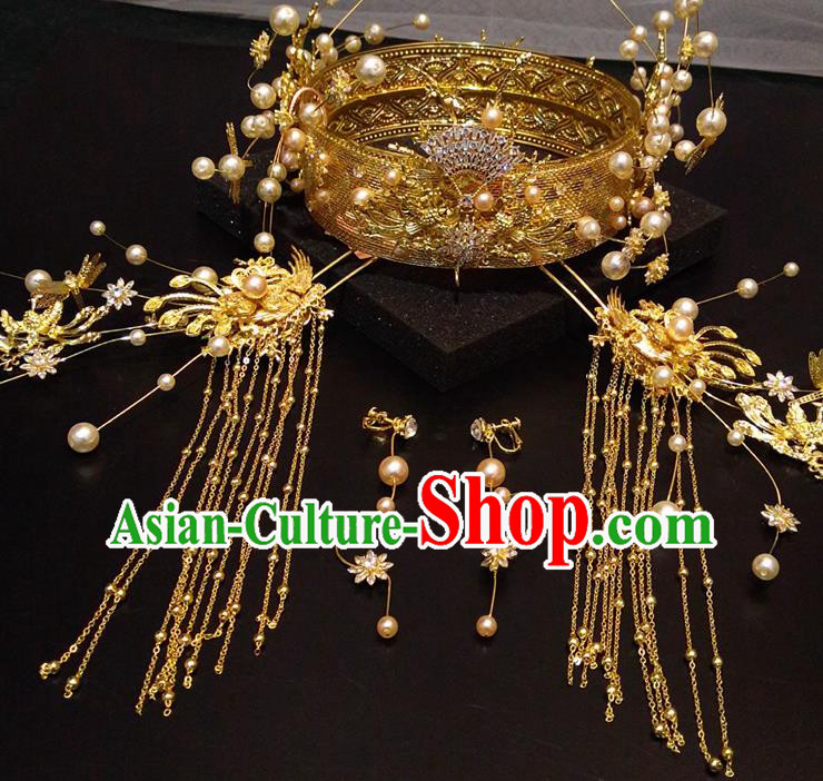 Top Chinese Traditional Hair Accessories Classical Golden Phoenix Coronet Hairpins Headdress for Women