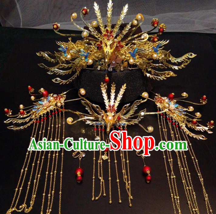 Top Chinese Traditional Golden Phoenix Coronet Wedding Hair Accessories Classical Hairpins Headdress for Women