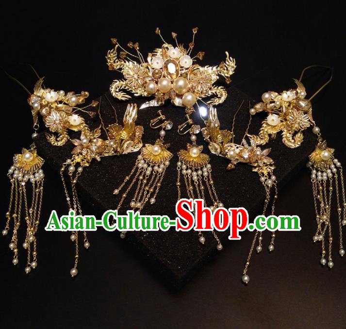 Top Chinese Traditional Wedding Phoenix Coronet Classical Pearls Hairpins Headdress for Women