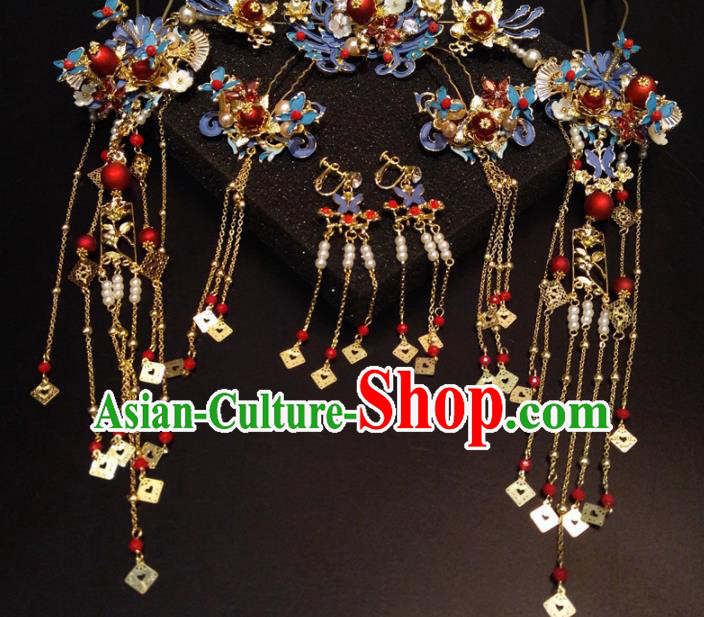 Top Chinese Traditional Wedding Blueing Phoenix Coronet Classical Hairpins Headdress for Women