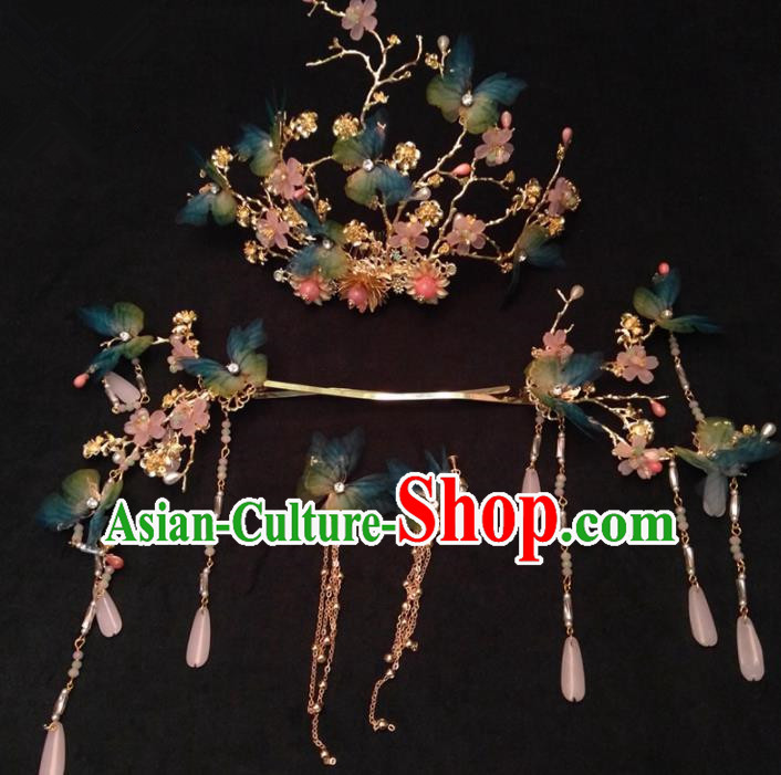 Top Chinese Traditional Wedding Blue Butterfly Phoenix Coronet Classical Hairpins Headdress for Women