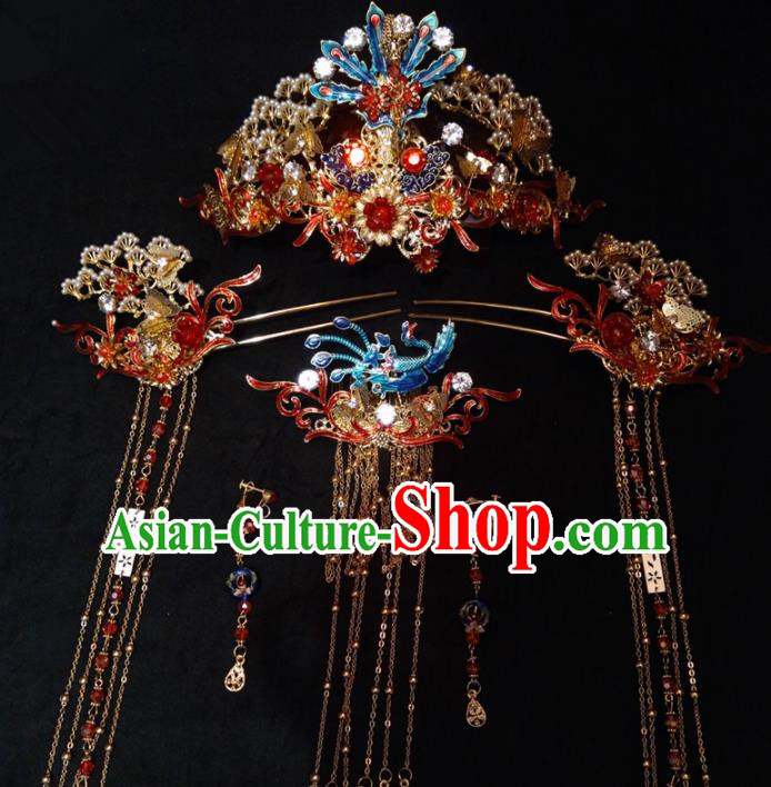 Top Chinese Traditional Wedding Blueing Phoenix Coronet Classical Hairpins Headdress for Women