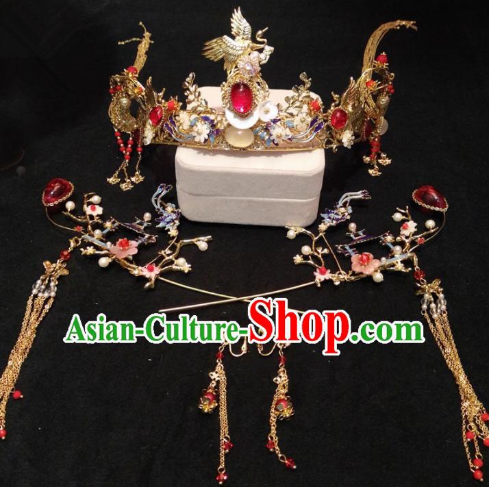 Top Chinese Traditional Wedding Crane Phoenix Coronet Classical Hairpins Headdress for Women