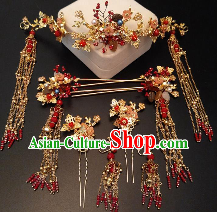 Top Chinese Traditional Wedding Phoenix Coronet Classical Red Tassel Hairpins Headdress for Women