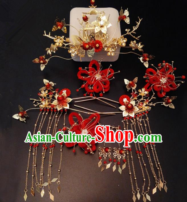 Top Chinese Traditional Wedding Phoenix Coronet Classical Red Hairpins Headdress for Women