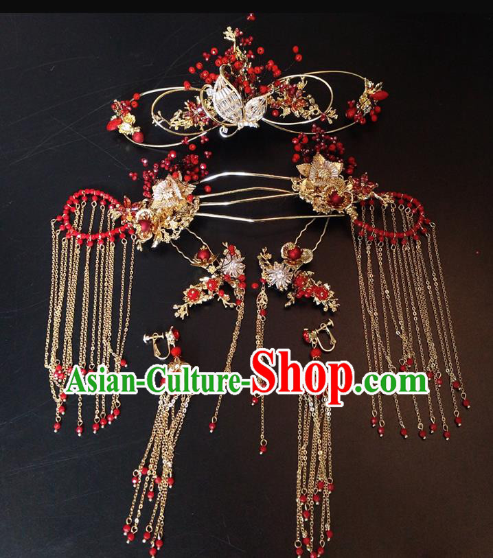 Top Chinese Traditional Wedding Hair Accessories Classical Red Beads Phoenix Coronet Hairpins Headdress for Women