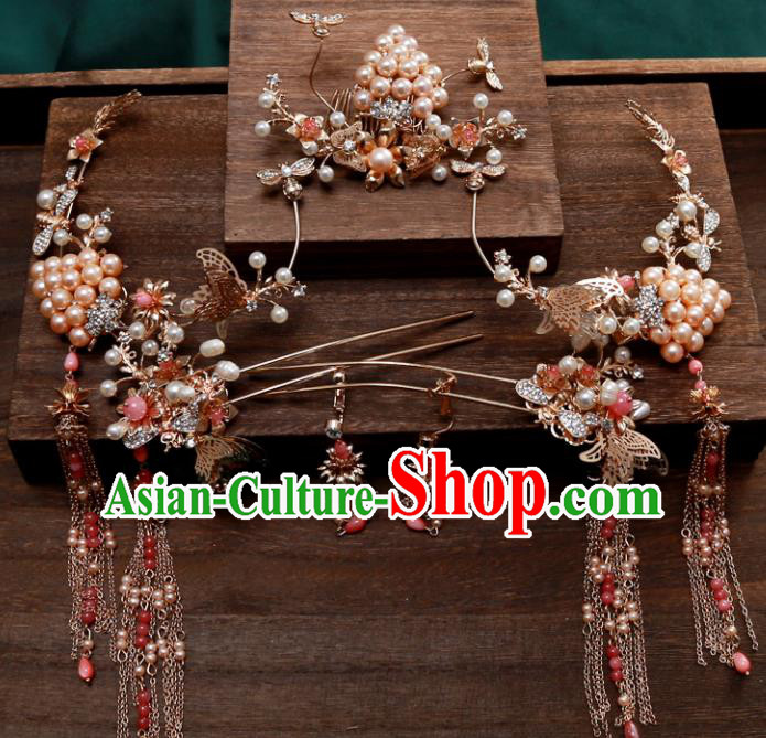 Top Chinese Traditional Wedding Hair Accessories Ancient Pearls Step Shake Hairpins Complete Set for Women