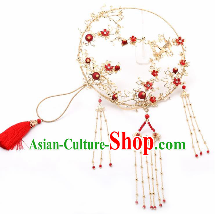 Chinese Traditional Wedding Accessories Classical Bride Red Tassel Palace Fans for Women