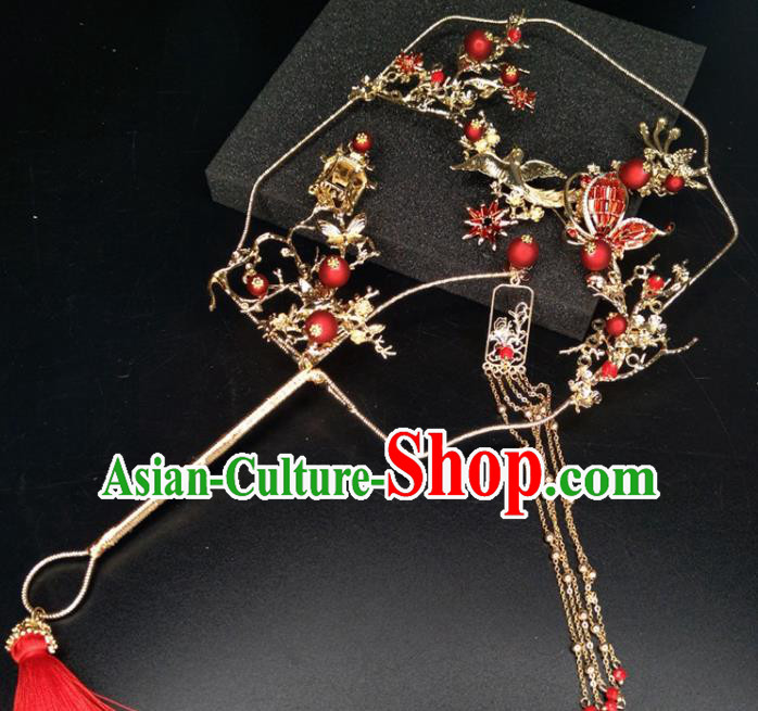 Chinese Traditional Wedding Accessories Classical Bride Red Butterfly Flowers Palace Fans for Women